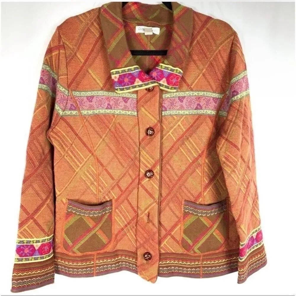 Coldwater Creek Tapestry Jacket L Artsy Boho Lagenlook Woven Button Front Pocket - Picture 2 of 7